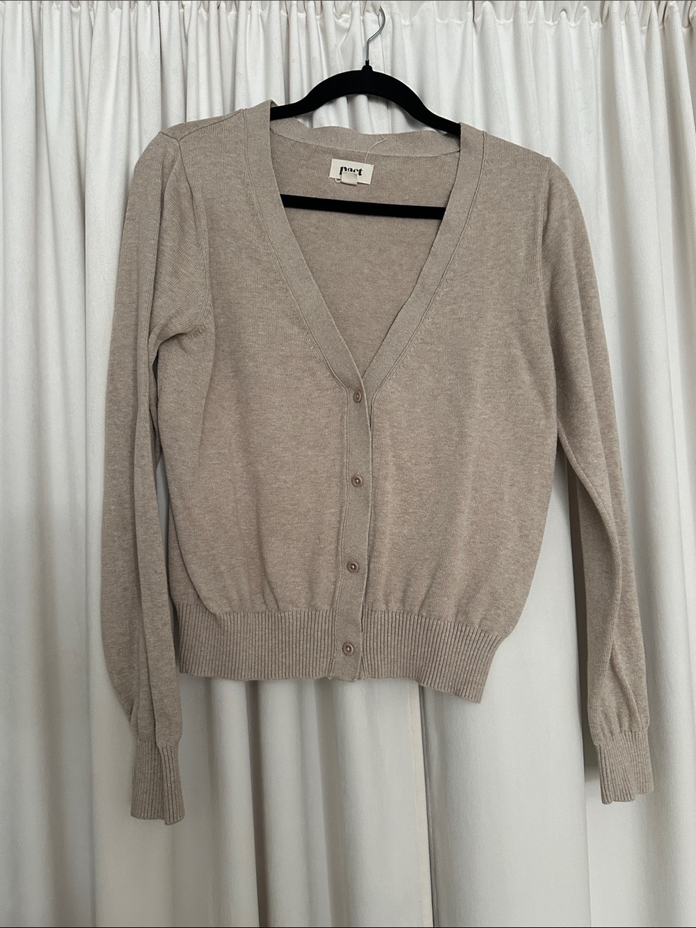 PACT Organic Cotton V-Neck Button Cardigan Sweater Taupe Small